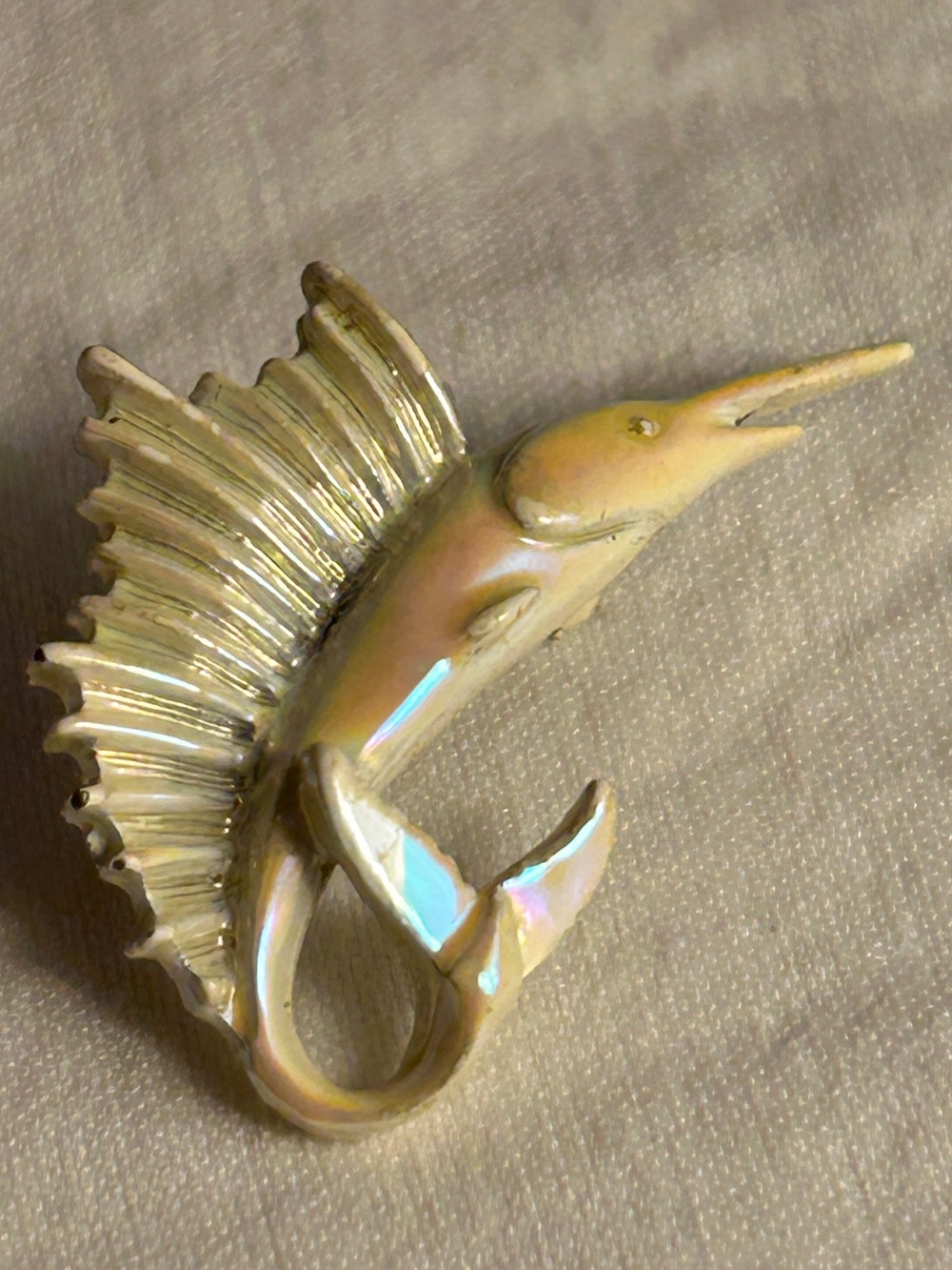 Vintage fish pin Mid Century white pink Iridescent sailfish Nautical brooch